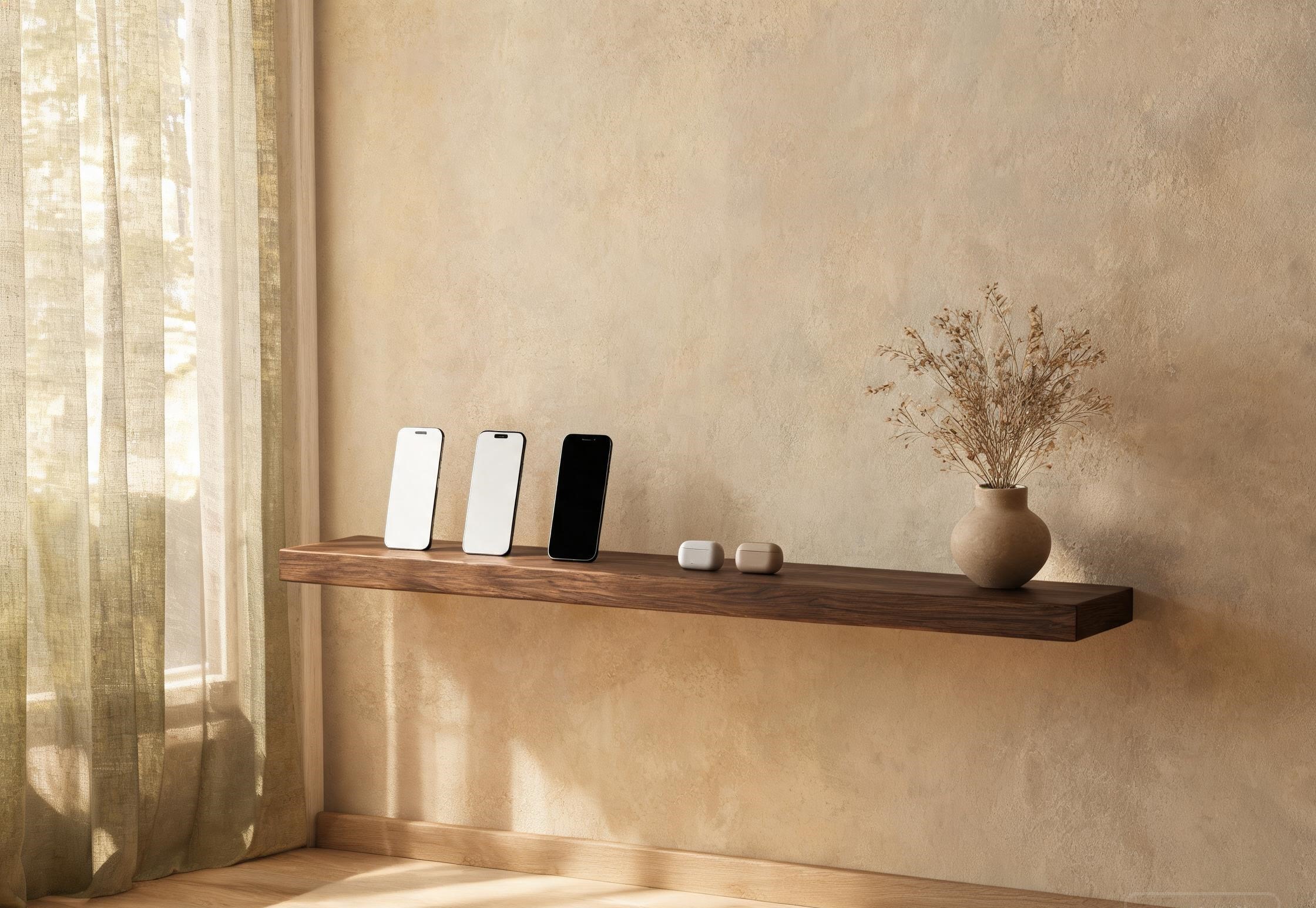 Smartphones displayed on an oak shelf in a European showroom